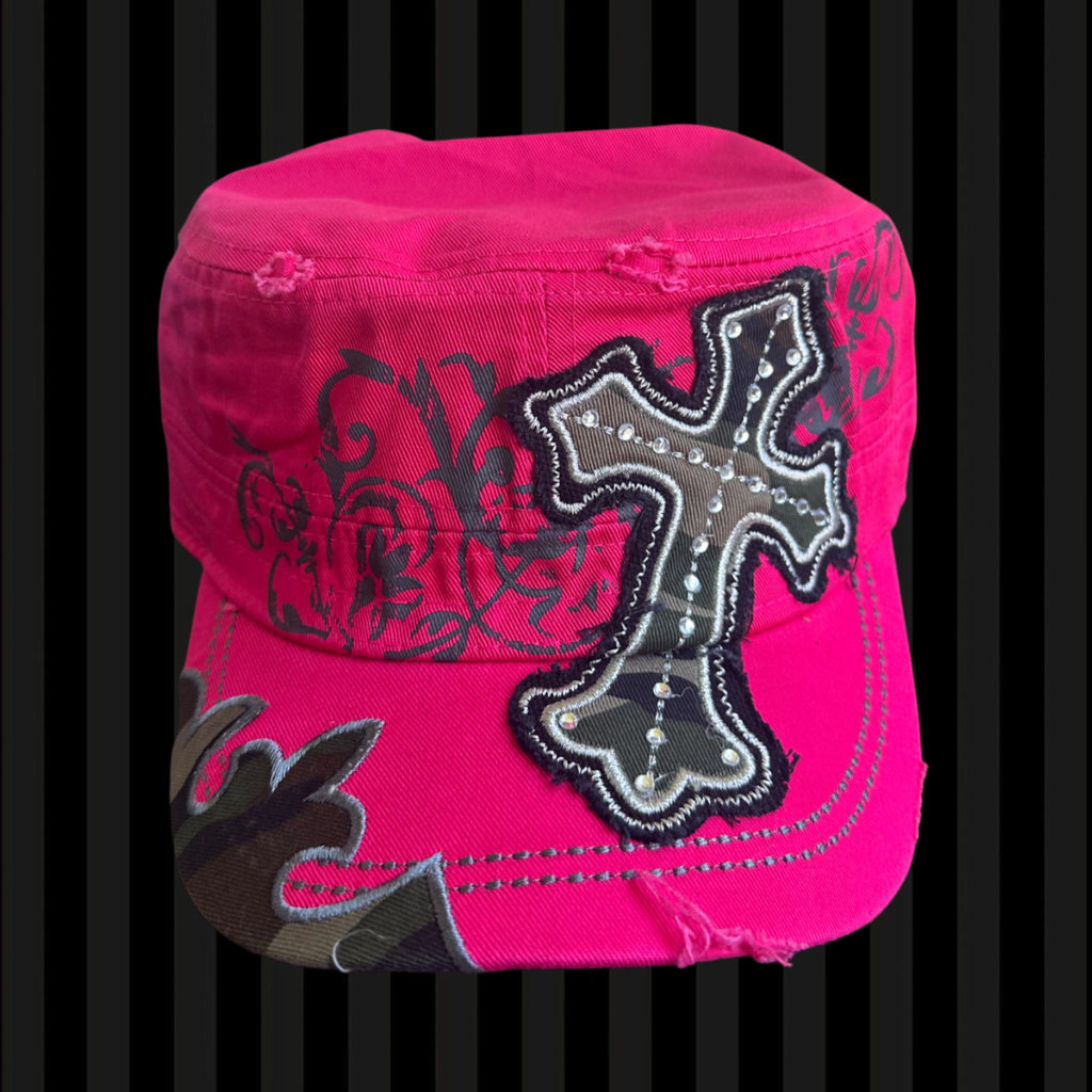 Hot Pink Cross Glam Cadet Cap – Camo Detail