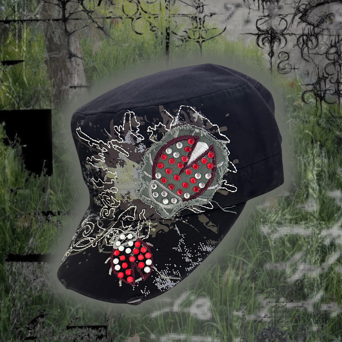 Ladybug Rhinestone Cadet Cap- Black
