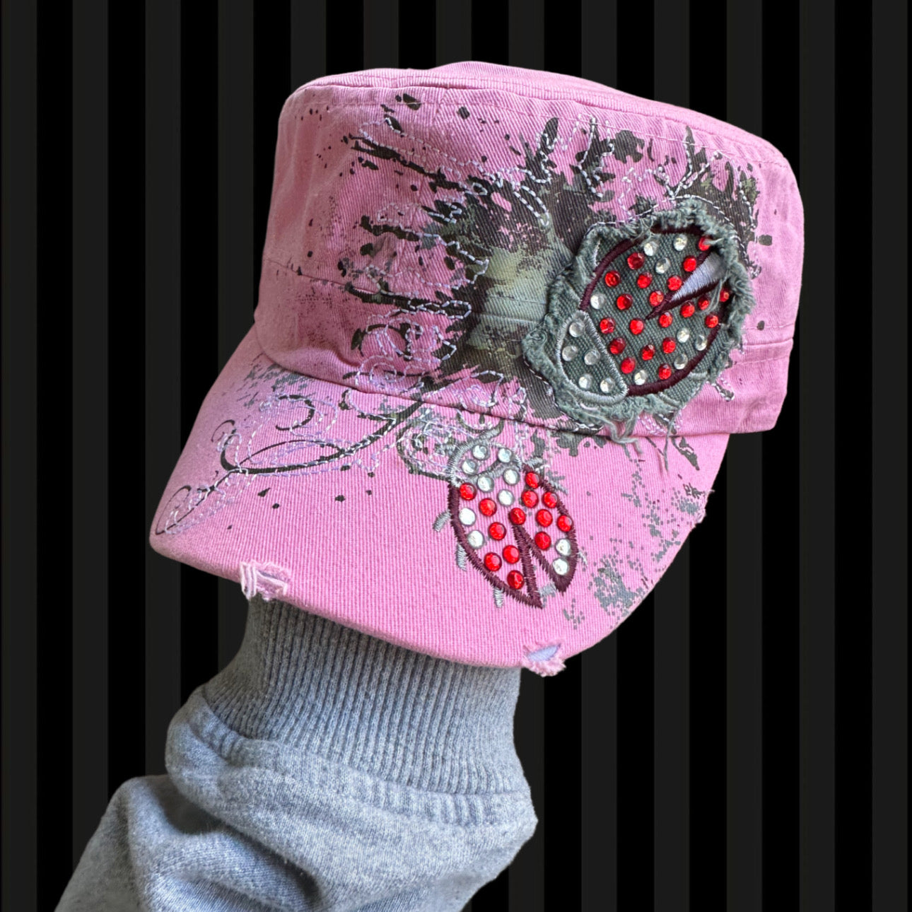 Ladybug Rhinestone Cadet Cap – Pink and Brown