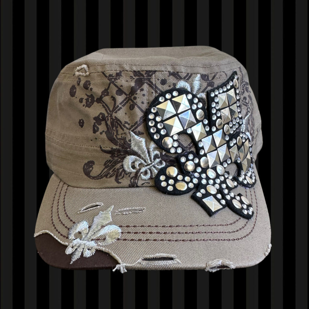 Fleur De Lis Studded Glam Cadet Cap – Earth Tone