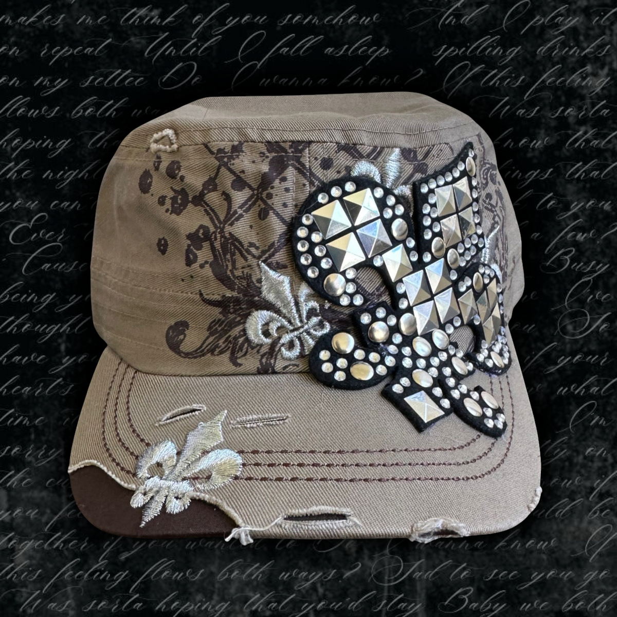 Fleur De Lis Studded Glam Cadet Cap – Earth Tone