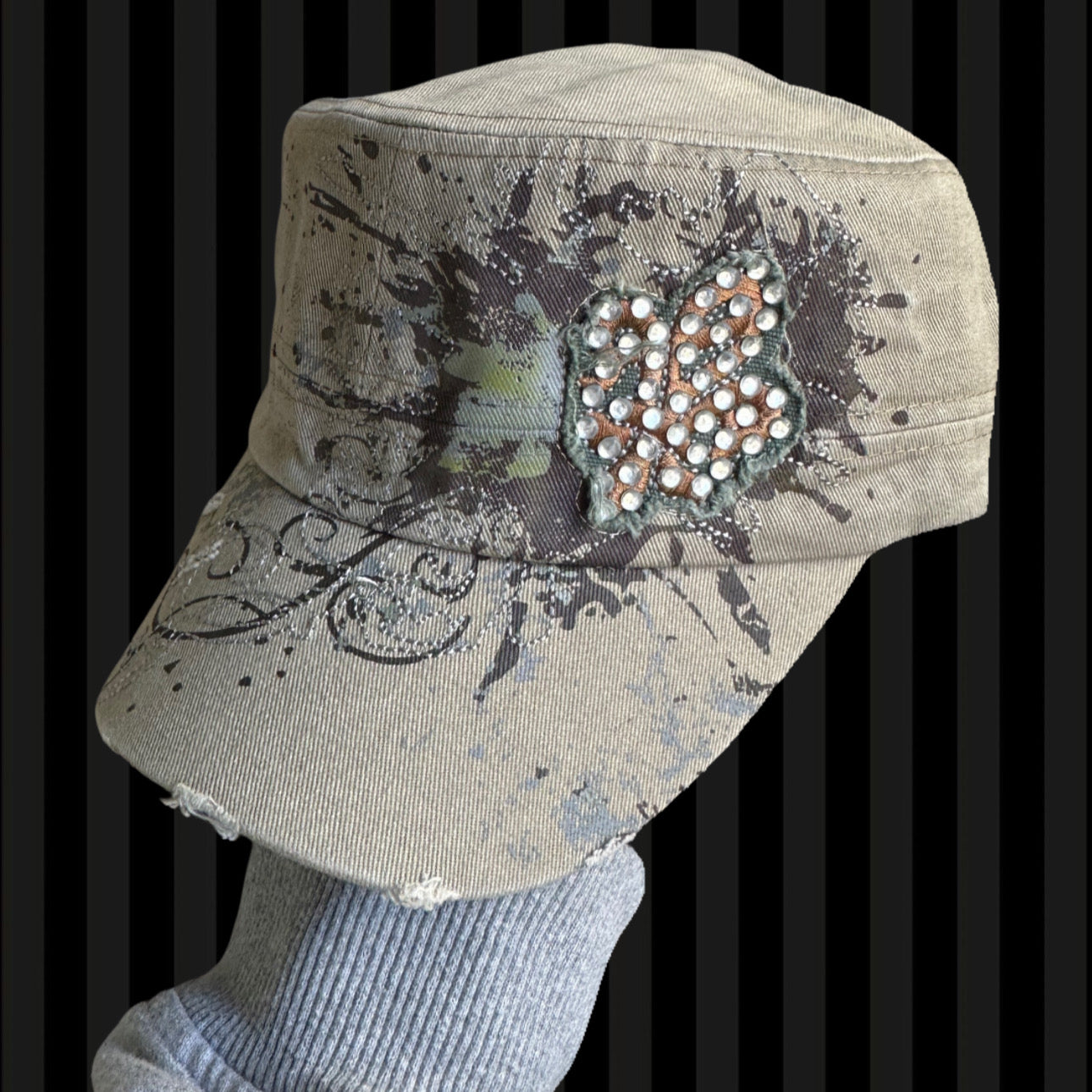Earth Tone Crystal Glam Cadet Cap – Khaki