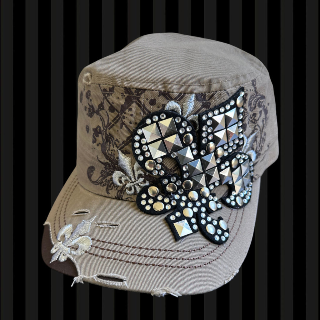 Fleur De Lis Studded Glam Cadet Cap – Earth Tone