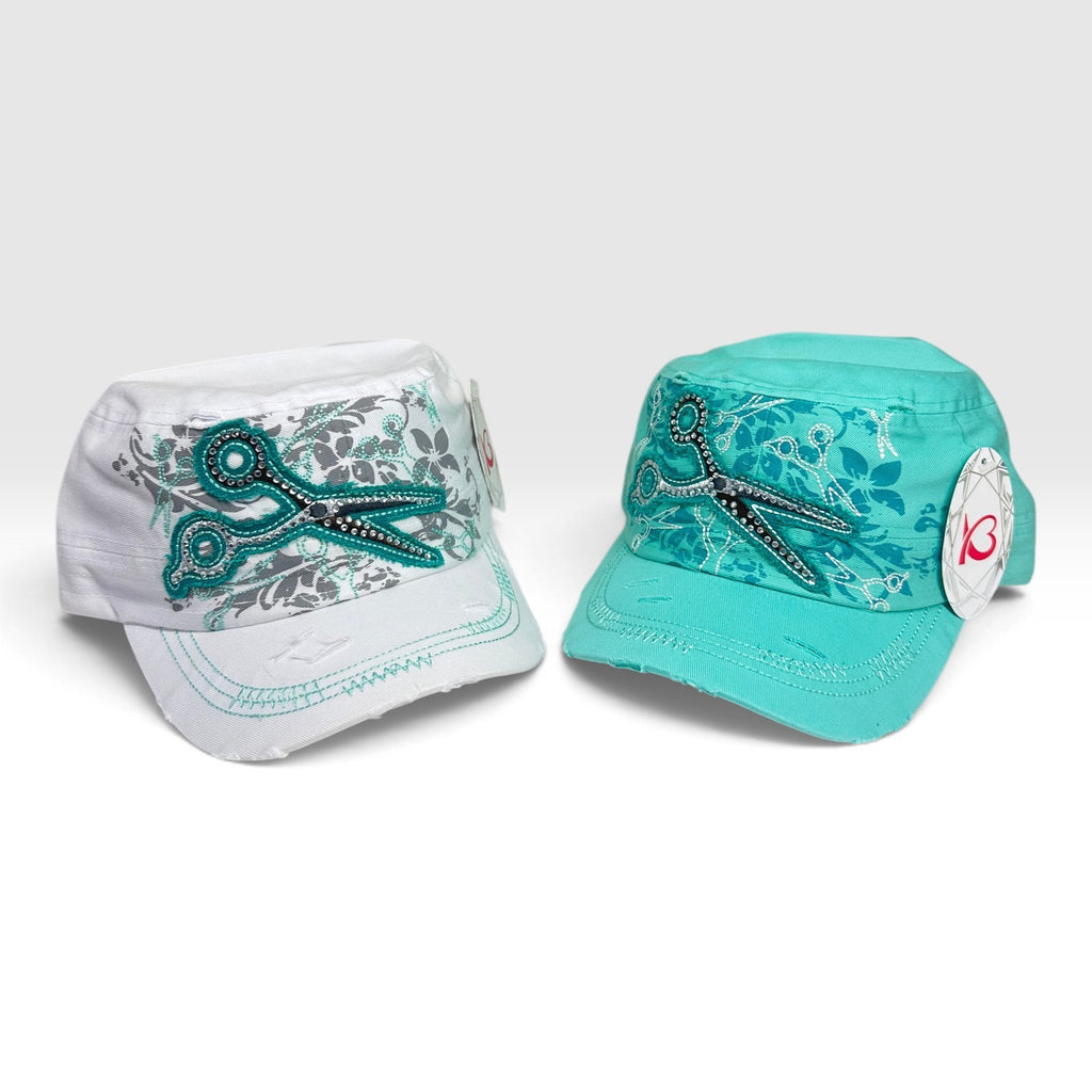 Scissor Rhinestone Cadet Cap- Turquoise and White