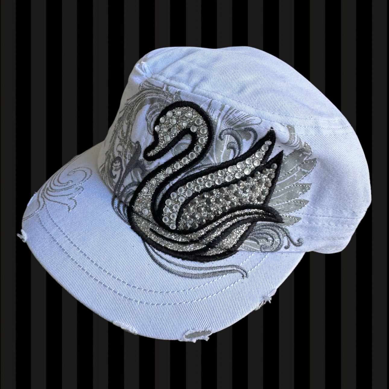 Crystal Swan Glam Cadet Cap – White & Silver