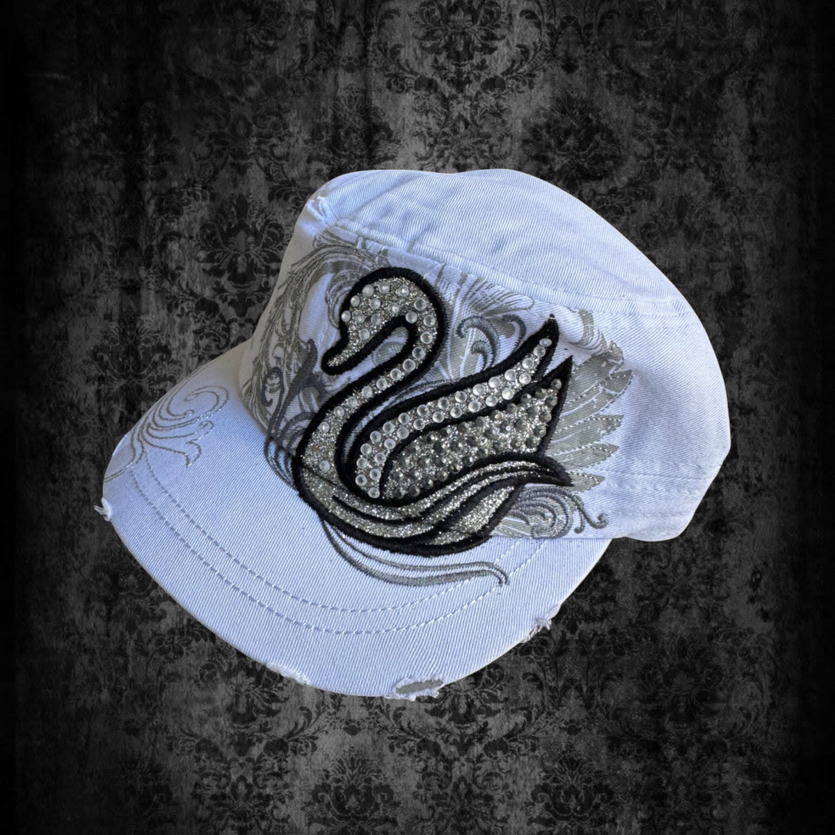 Crystal Swan Glam Cadet Cap – White & Silver