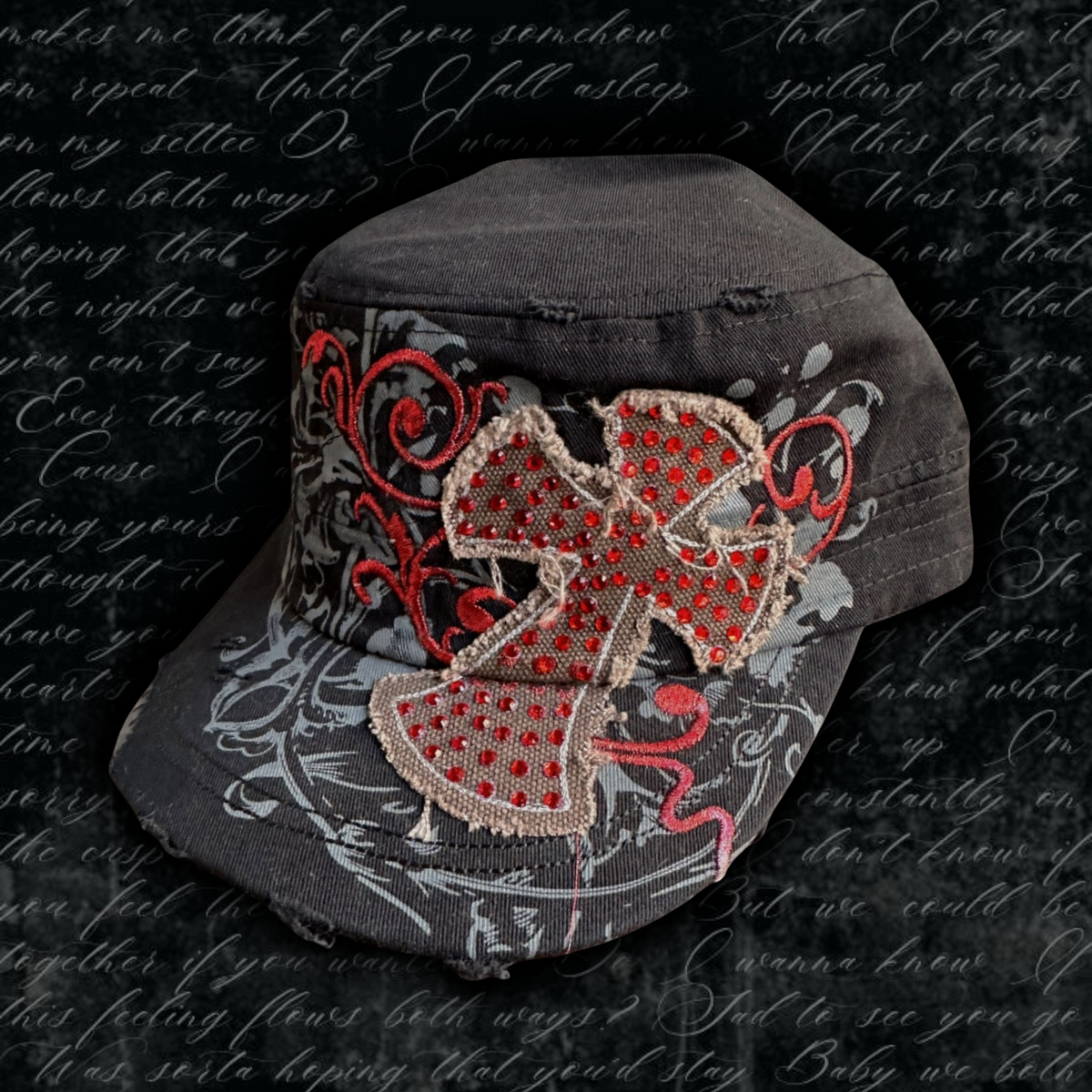 Rhinestone Cross Cap – Black & Red