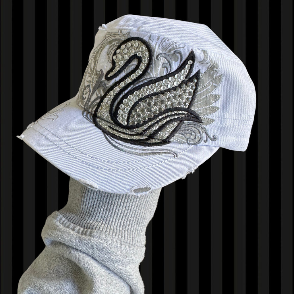 Crystal Swan Glam Cadet Cap – White & Silver