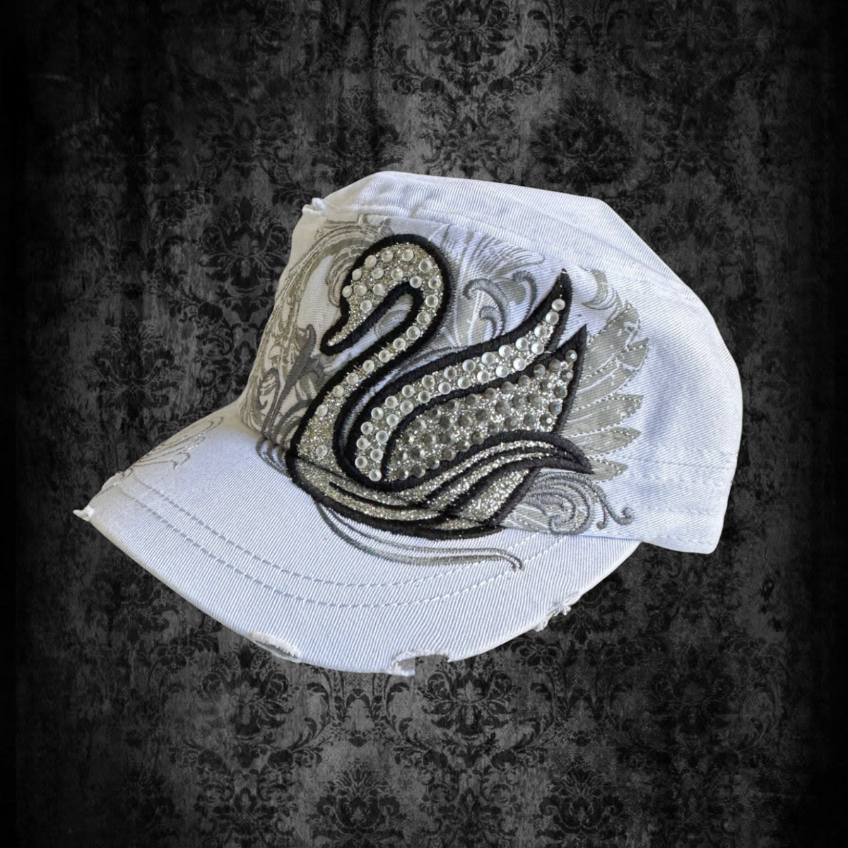 Crystal Swan Glam Cadet Cap – White & Silver