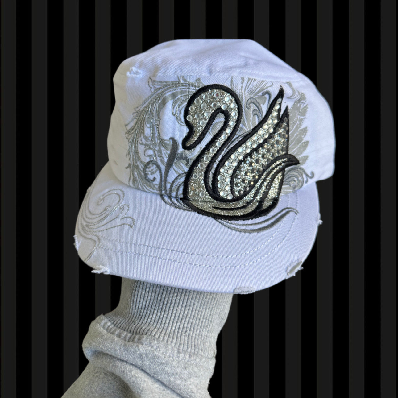 Crystal Swan Glam Cadet Cap – White & Silver