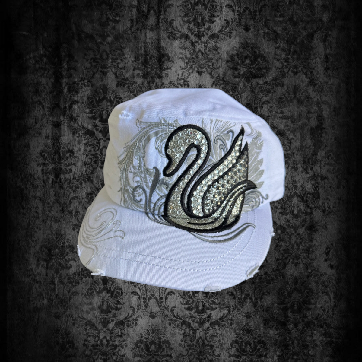 Crystal Swan Glam Cadet Cap – White & Silver