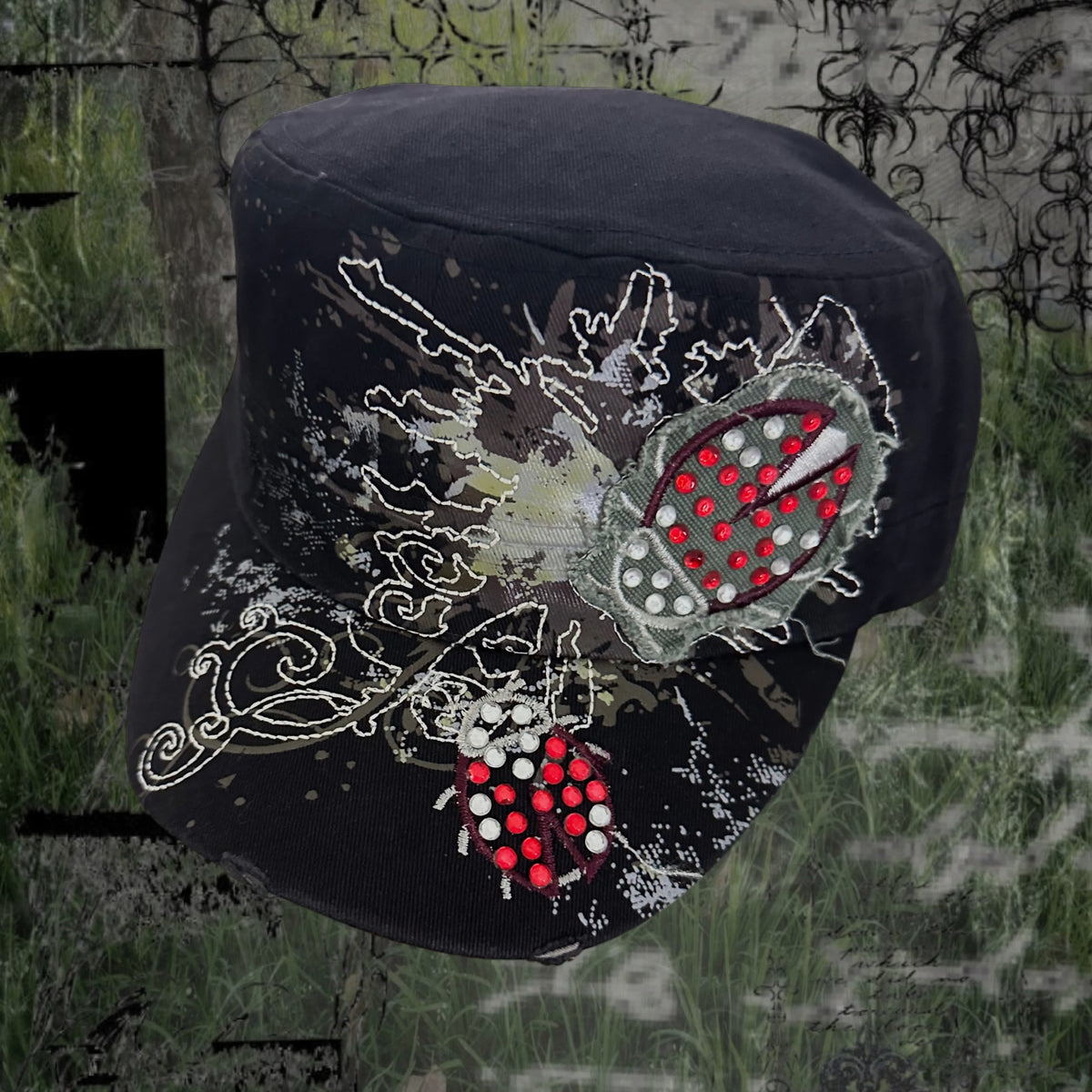 Ladybug Grunge Rhinestone Cadet Cap- Black