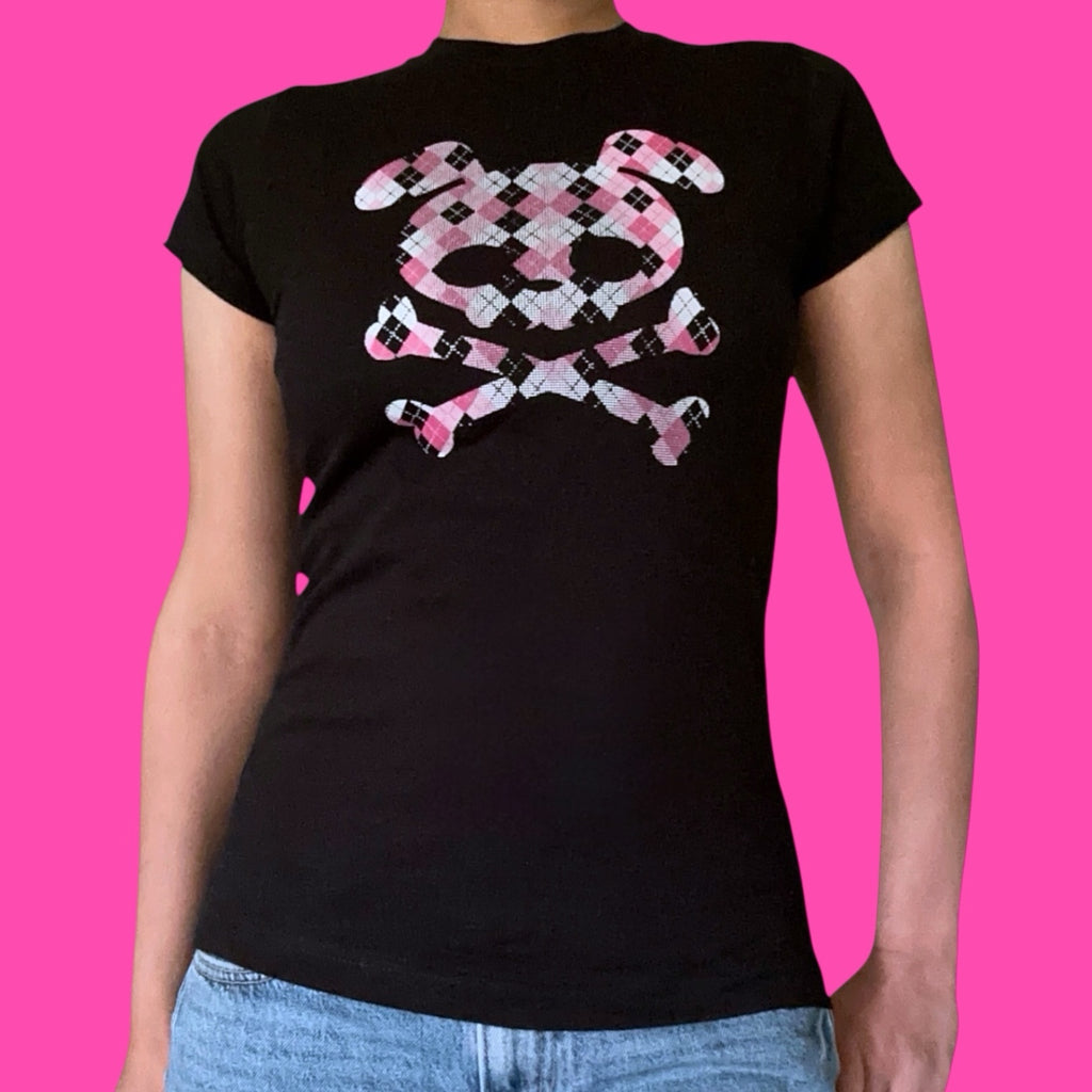 Emo Skull Bunny Graphic Tee, Pink and Black Slim Fit Y2K Alt Shirt