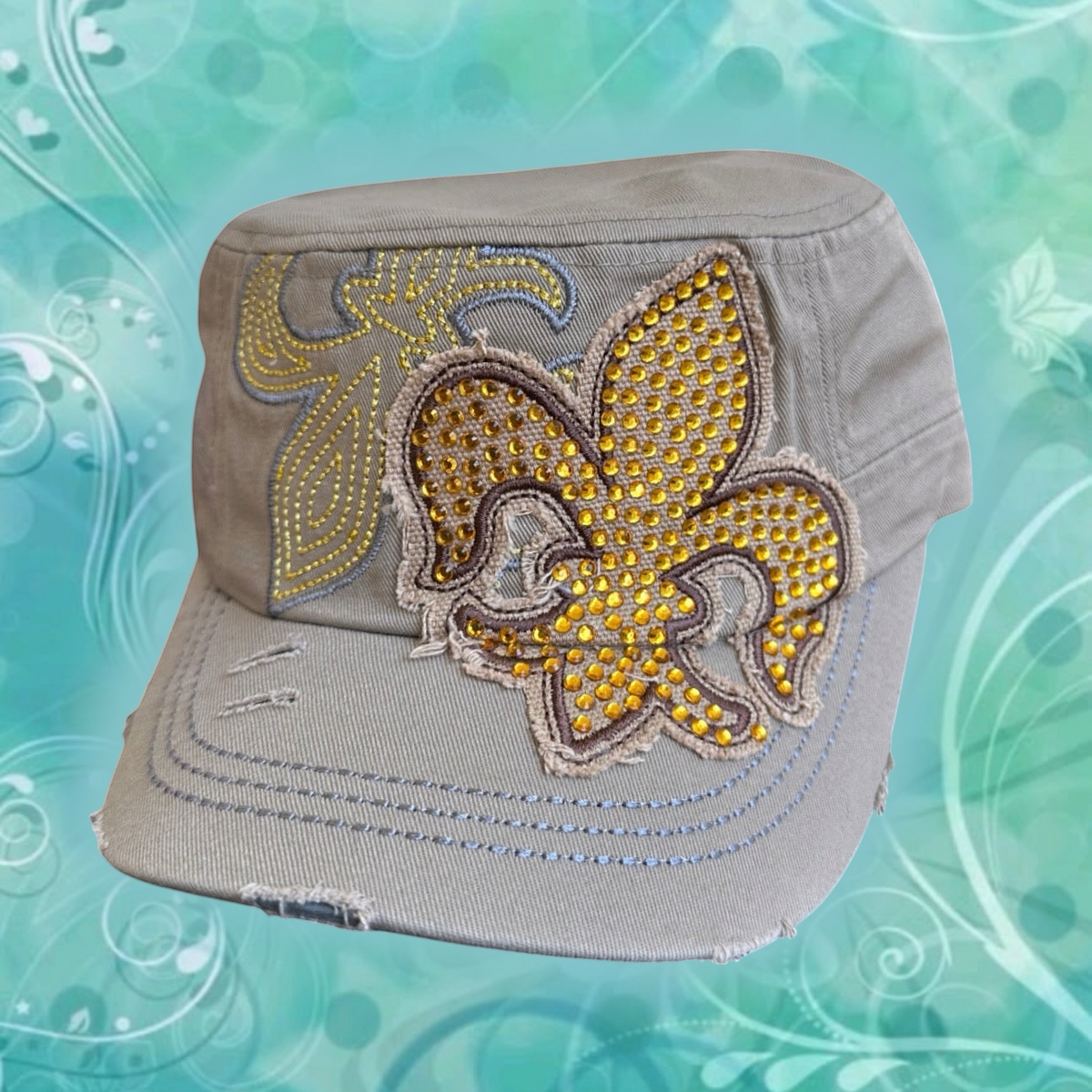 Rhinestone Fleur Beach Glam Cap – Sand