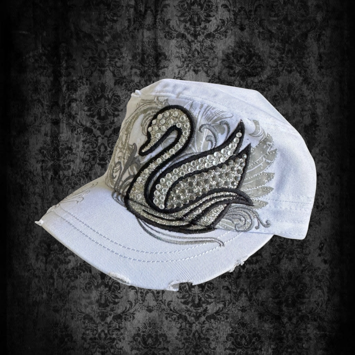 Crystal Swan Glam Cadet Cap – White & Silver