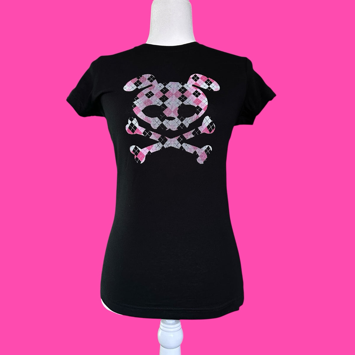 Emo Skull Bunny Graphic Tee, Pink and Black Slim Fit Y2K Alt Shirt