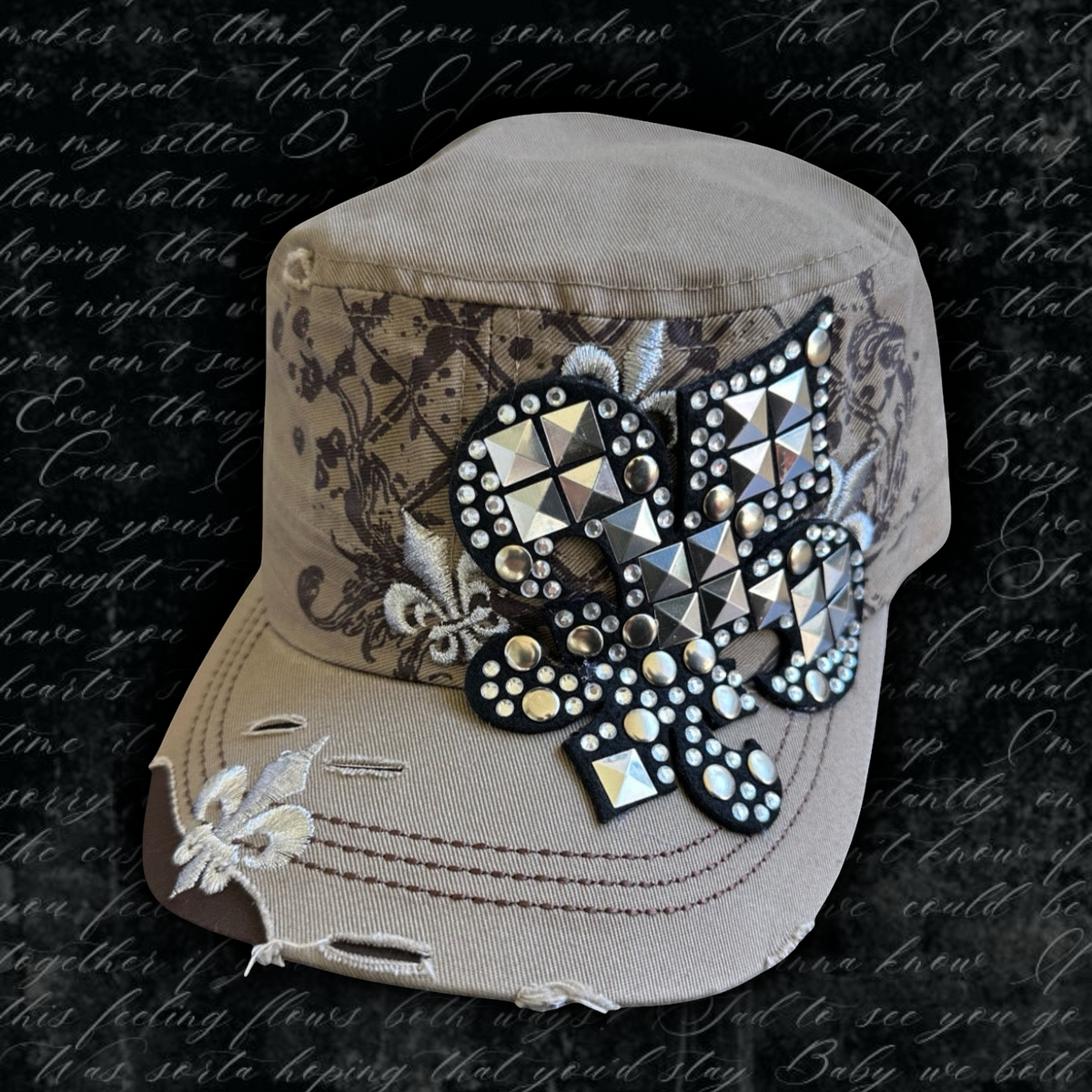 Fleur De Lis Studded Glam Cadet Cap – Earth Tone