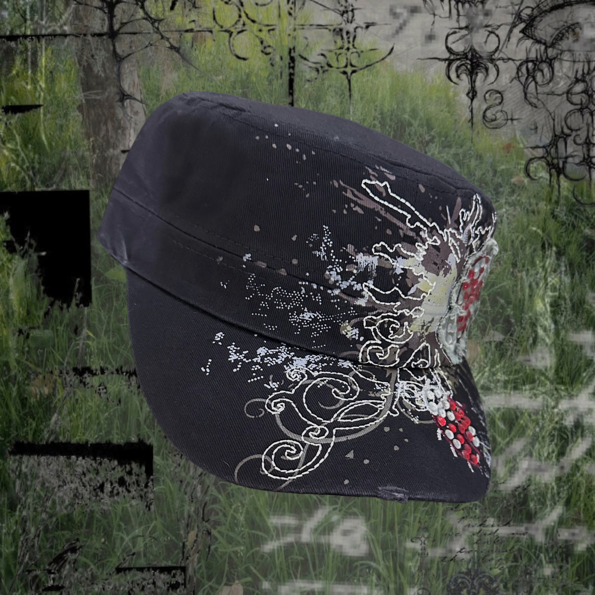 Ladybug Grunge Rhinestone Cadet Cap- Black
